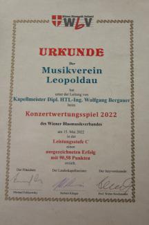 Die Urkunde, die der Musikverein Leopoldau am Sonntag erhalten hat.